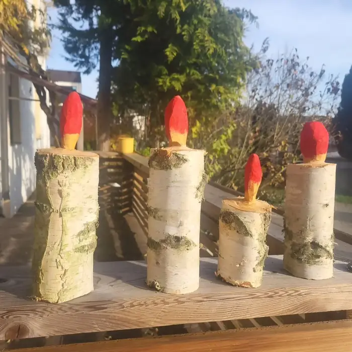 Kerzen aus Birkenstämmen in unterschiedlichen Höhen