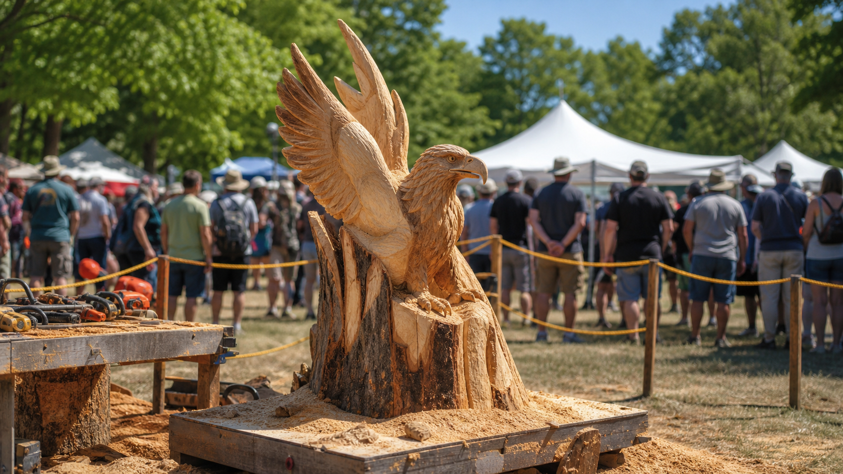 Motorsägenkunst-Vorführung im Außenbereich bei einem Gemeinschaftsevent